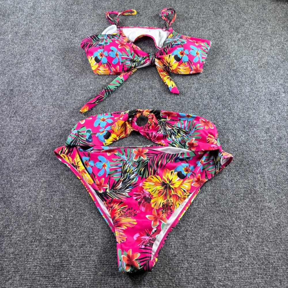 Unbranded Bikini Set Women 3XL Pink Tropical Floral‎ High Waisted Tie Front Swim